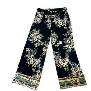 Roz & Ali Black & Multicolor Tropical Floral Wide Leg Stretch‎ Pants Size Large